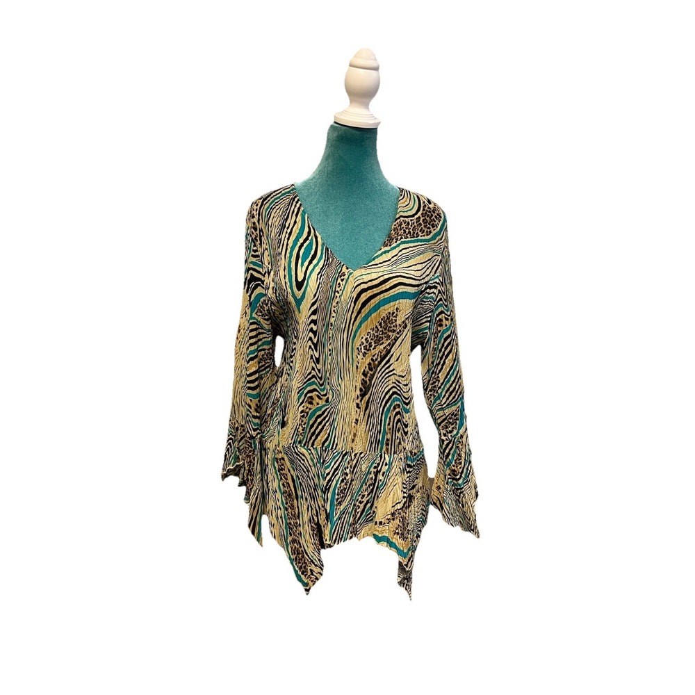 Jaipur Womens L Crinkle Animal Print Handkerchief Hem Top Boho Bell Sleeve